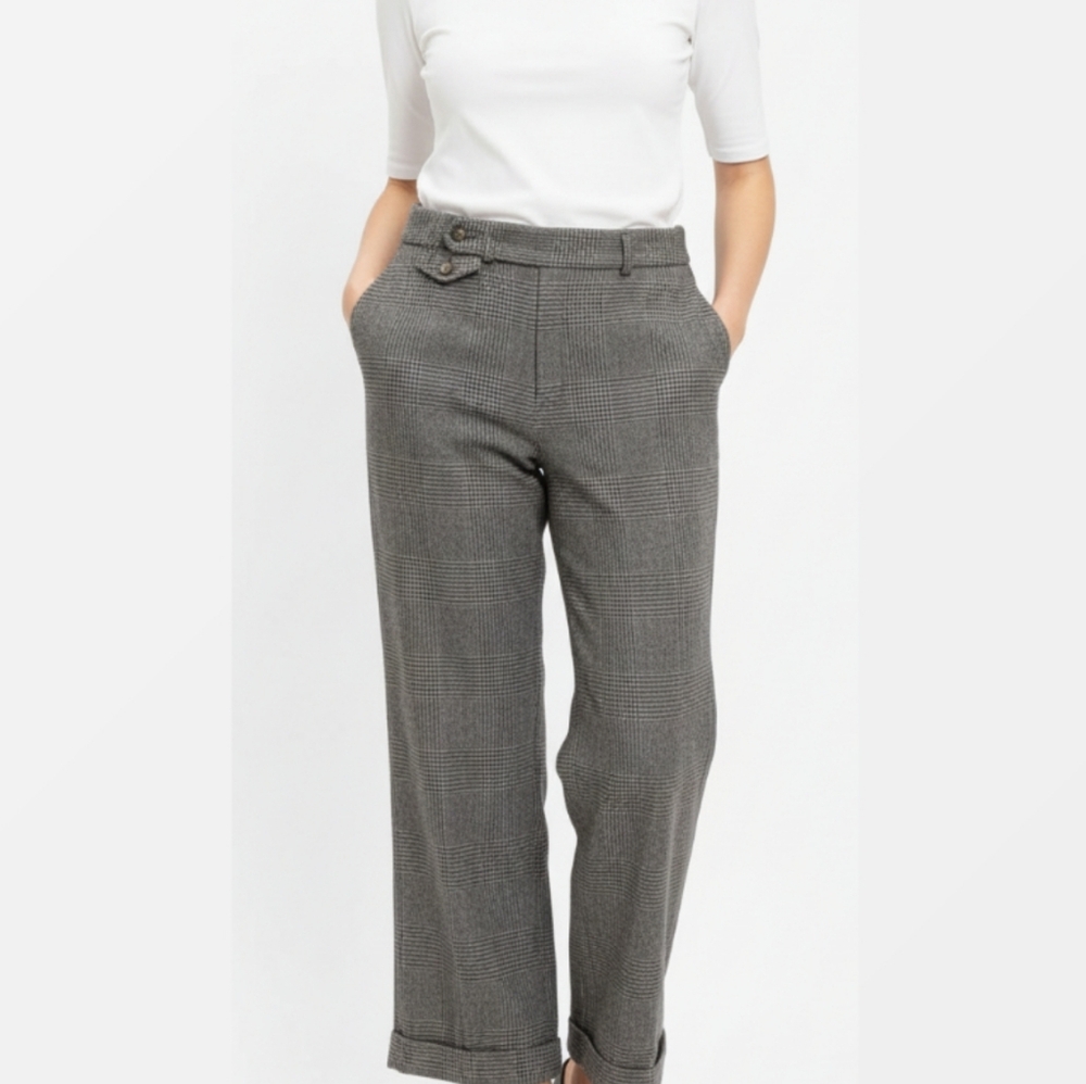 Lauren Ralph Lauren High Waist Pure Wool Houndstooth Cuffed Wide Leg Pants